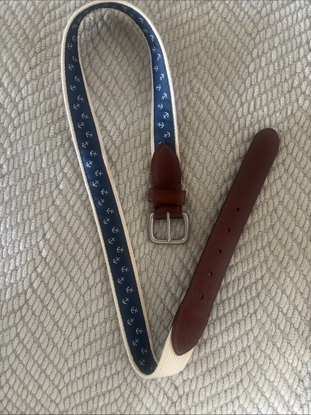 J. Crew Navy Anchor Webbing Belt with Brown Leather Trim